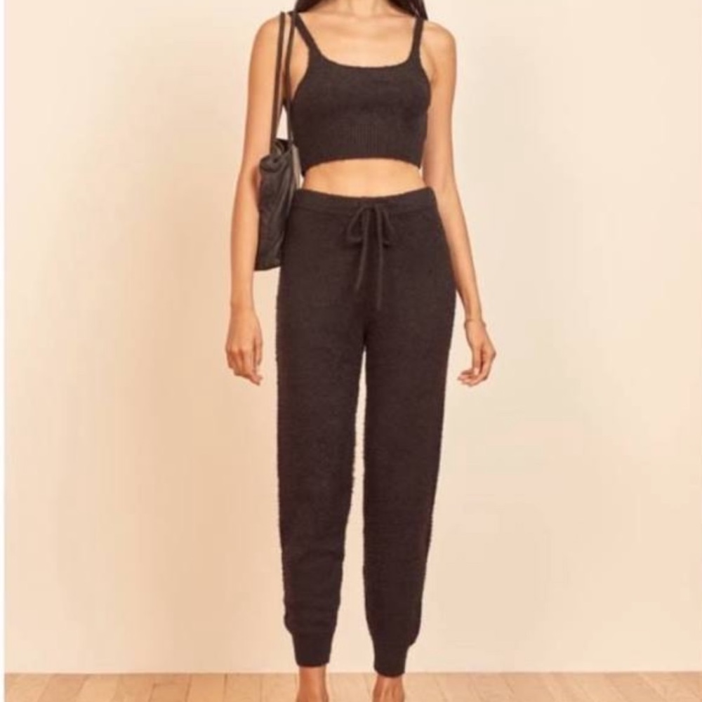NEW wTag-REFORMATION Black Fuzzy 2pc Crop Top/Jogger Set L